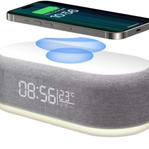 Cargador Inalámbrico de Escritorio 6 en 1 con Altavoz Bluetooth, Reloj Despertador
